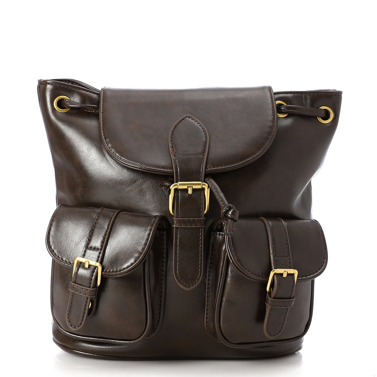Buckled Multi-Pocket Leather Backpack Cafe