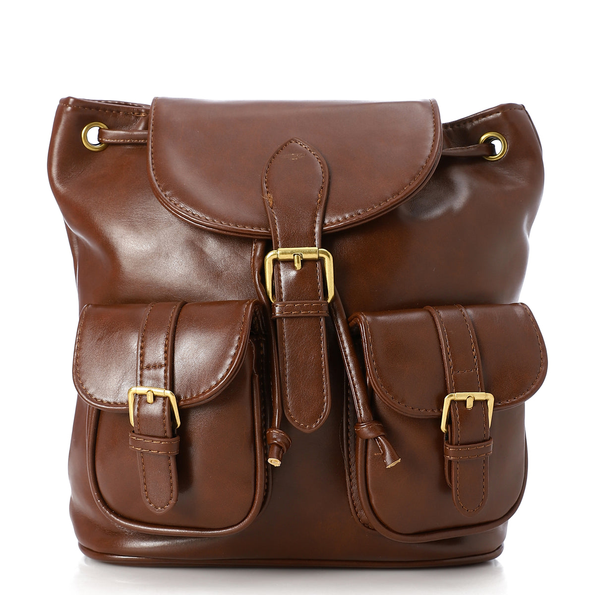 Buckled Multi-Pocket Leather Backpack Brown