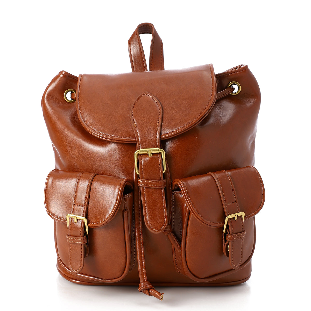 Buckled Multi-Pocket Leather Backpack Camel
