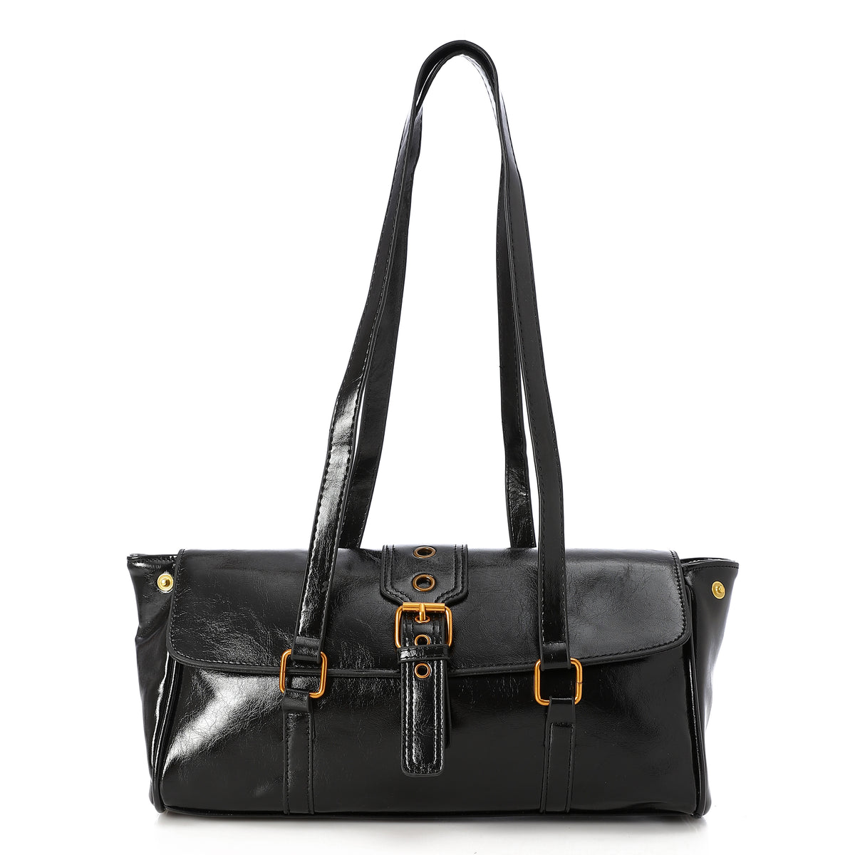 Buckle-Accent East-West Leather Shoulder Bag Black