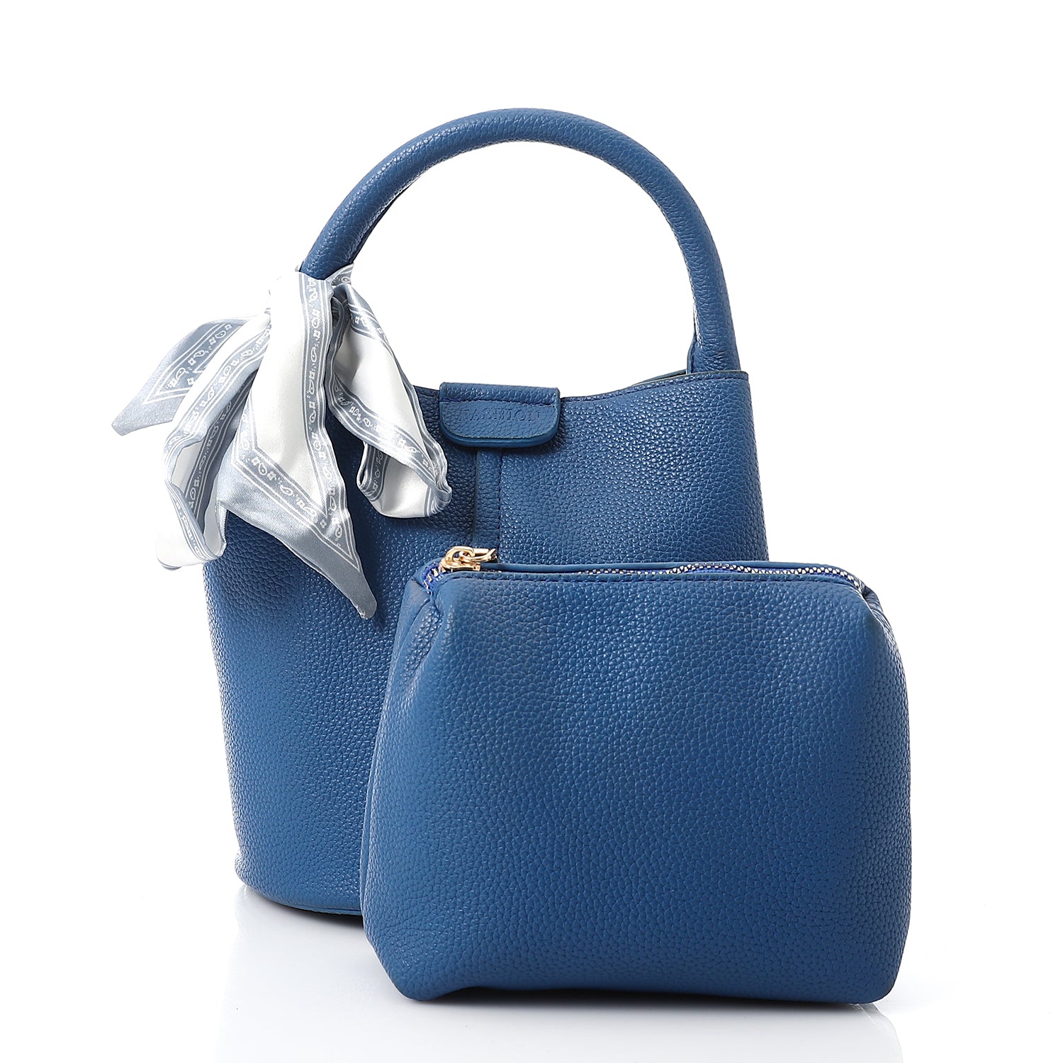 Blue Bucket Handbag Set Textured Leather Look Purse with Matching Pouch & Scarf