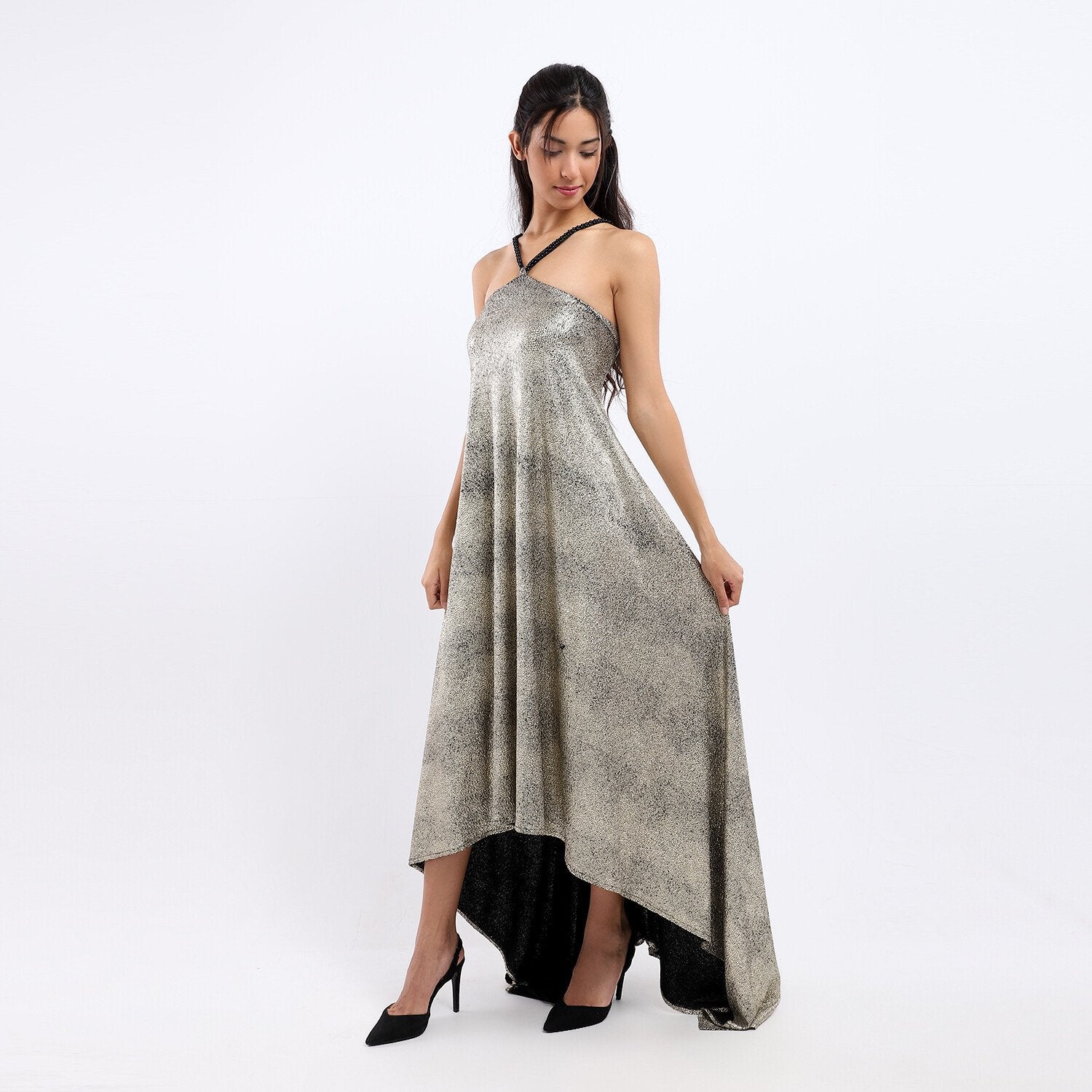 Metallic Asymmetric Flared Soir??e Dress - Silver