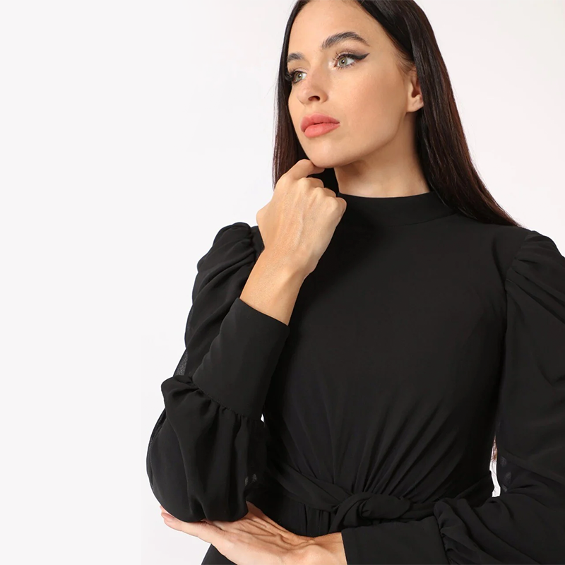 Pleated Maxi Dress with Belt - Black