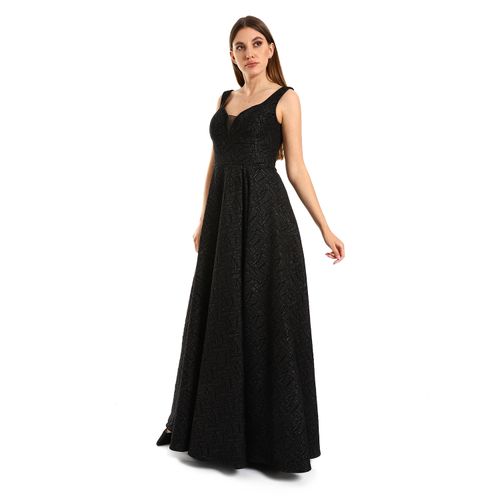 Jacquard Queen Anne Neck Gown - Black