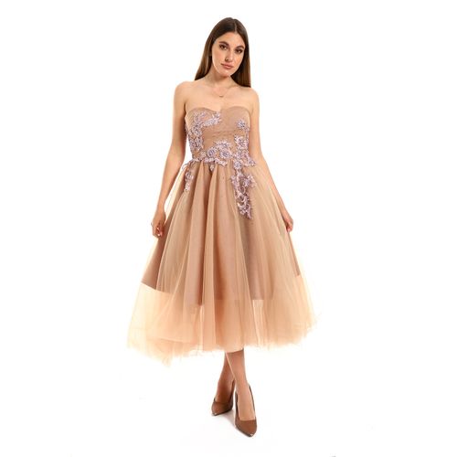 Strapless Floral Tulle Midi Dress - Beige