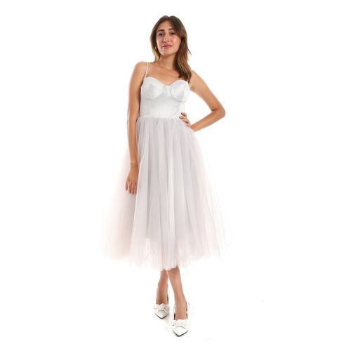 Bustier Tulle Midi Dress - White