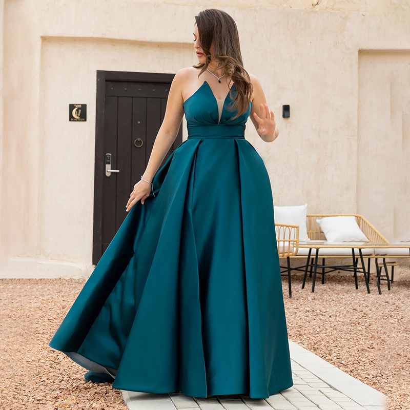 V-Neck Satin Long Dress - Emerald Green