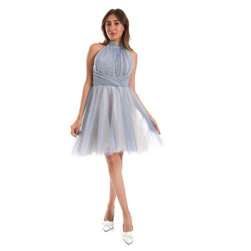 Beaded Halter Short Tulle Dress - Blue