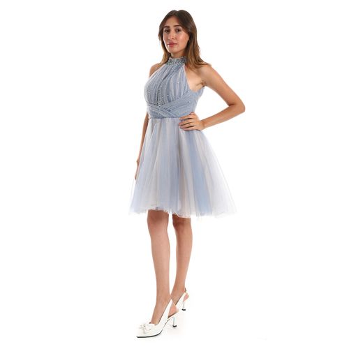 Beaded Halter Short Tulle Dress - Blue