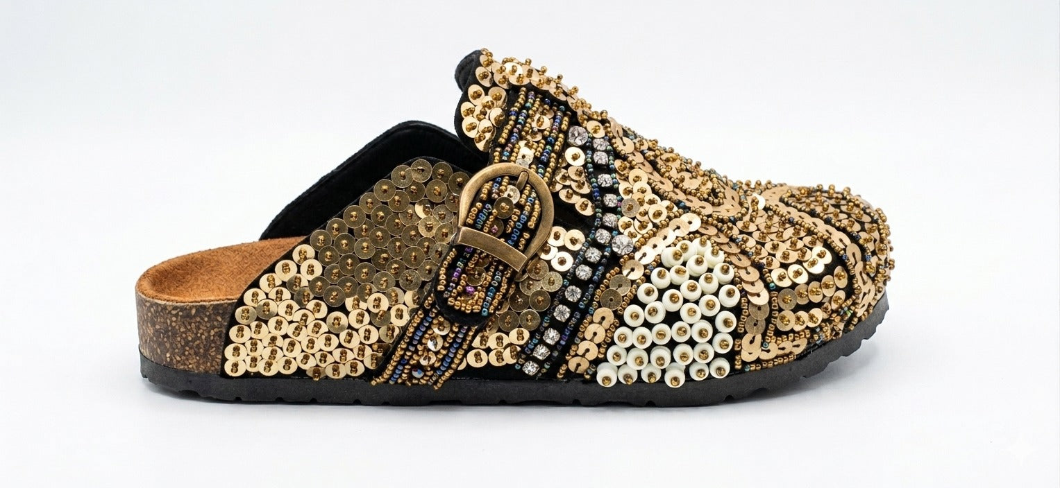 Hand-Embellished Gold Sequin Clogs
