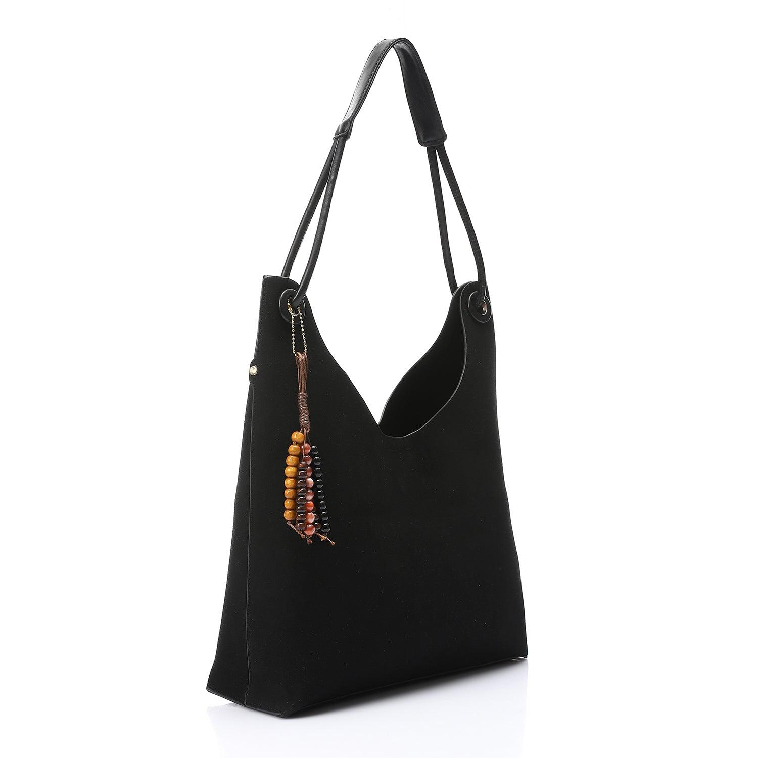 Hobo Shoulder Bag with Beaded Charm – Black